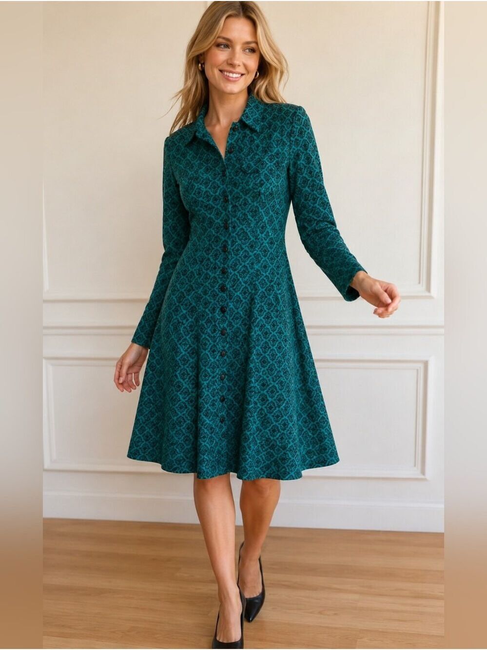 Vintage 90s Green Damask Office Chic Fit & Flare Dress Classic Feminine Style